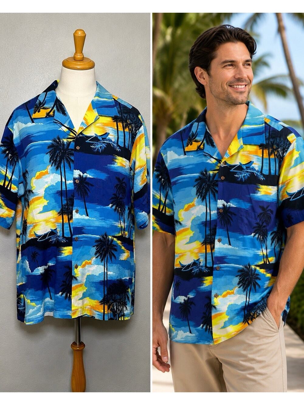 Hawaiian Aloha Shirt Mens 2XL Blue AOP Tropical Palm Print USA Vacation RJC